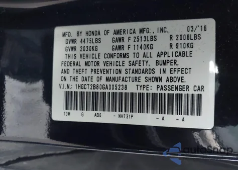 2016 Honda Accord Ex-L V-6 from USA, damaged, VIN 1HGCT2B80GA005238